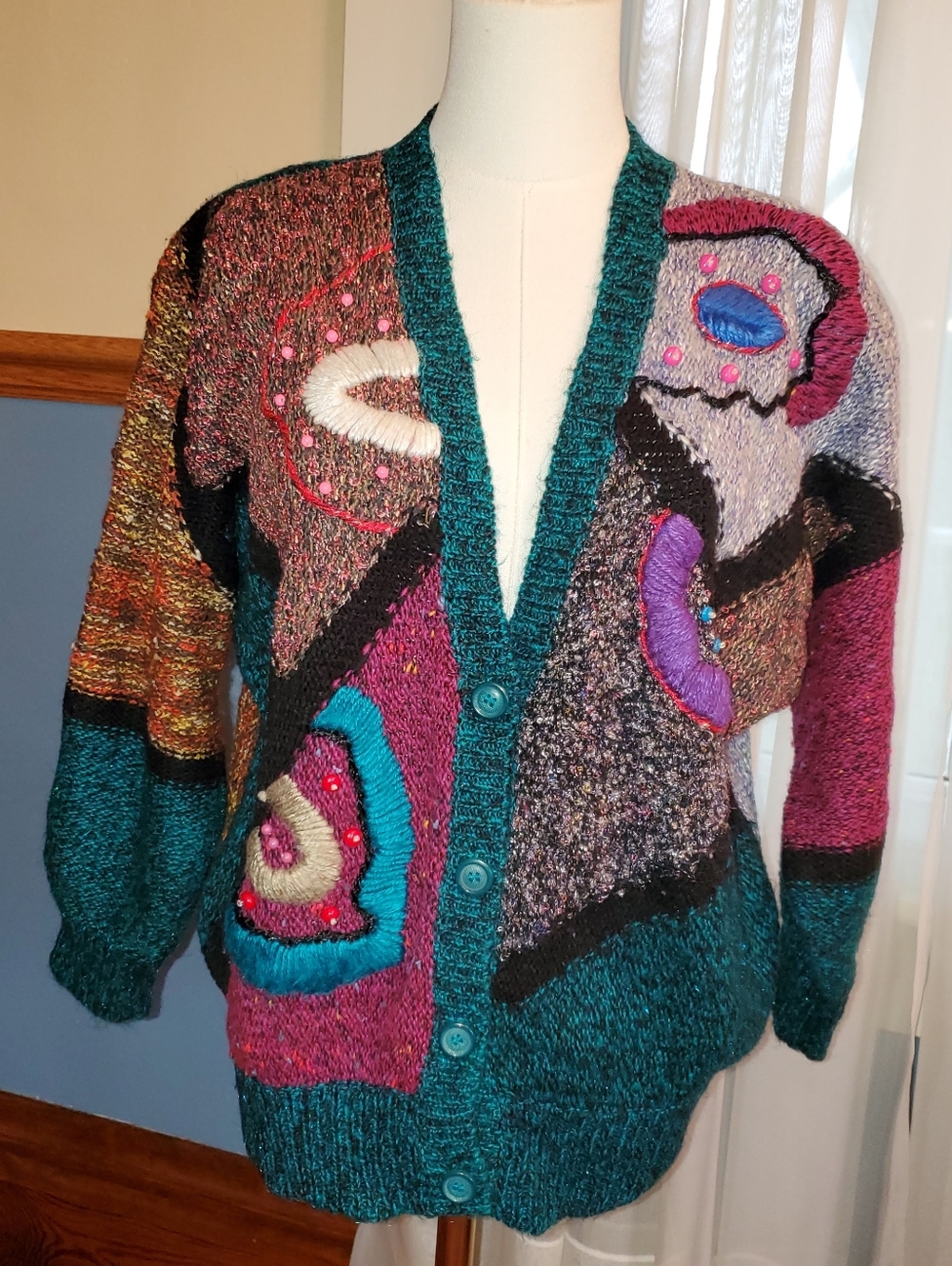 Vintage Jaclyn Smith Women's Large Multi Color Teal Sweater W/ Appliqués & Beads
